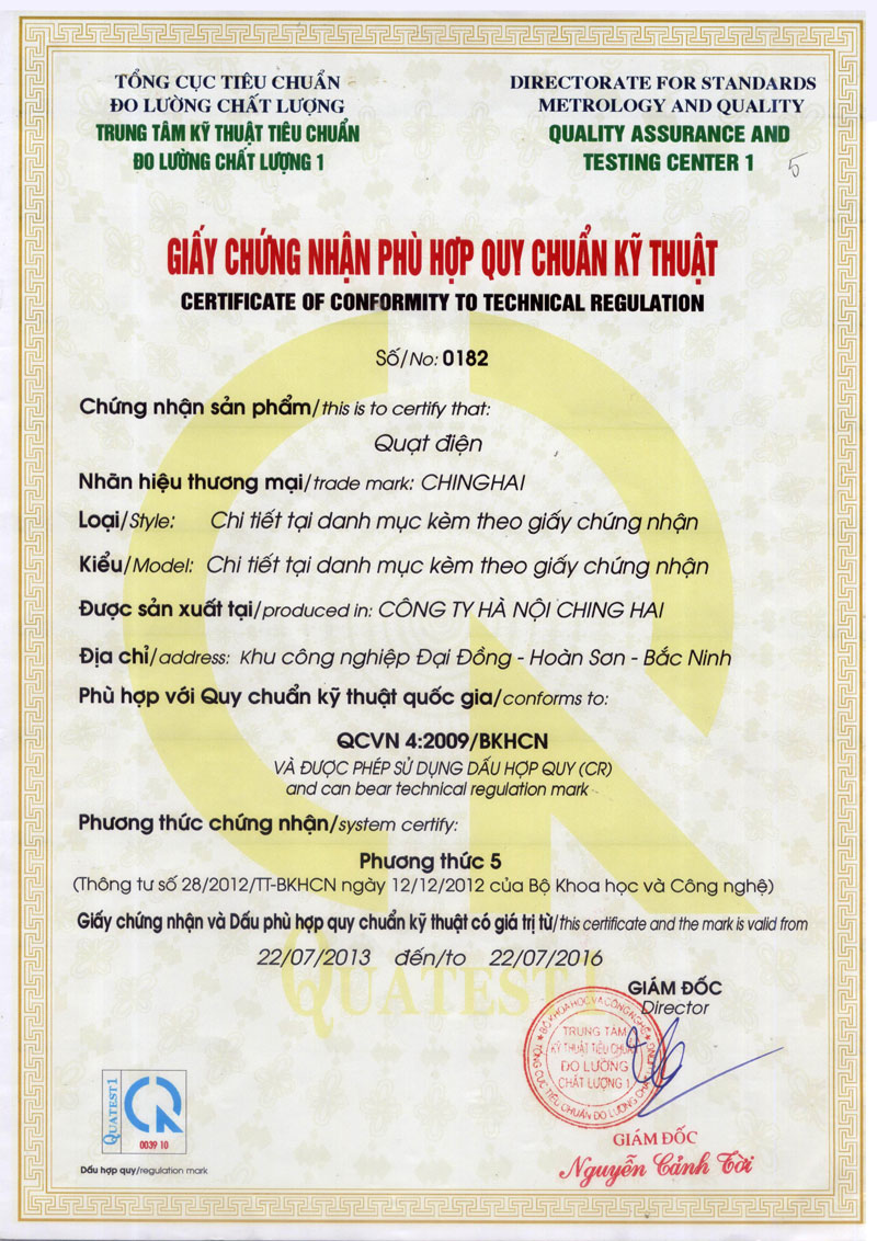 Chứng nhận hợp quy VN - Quạt điện Chinghai
